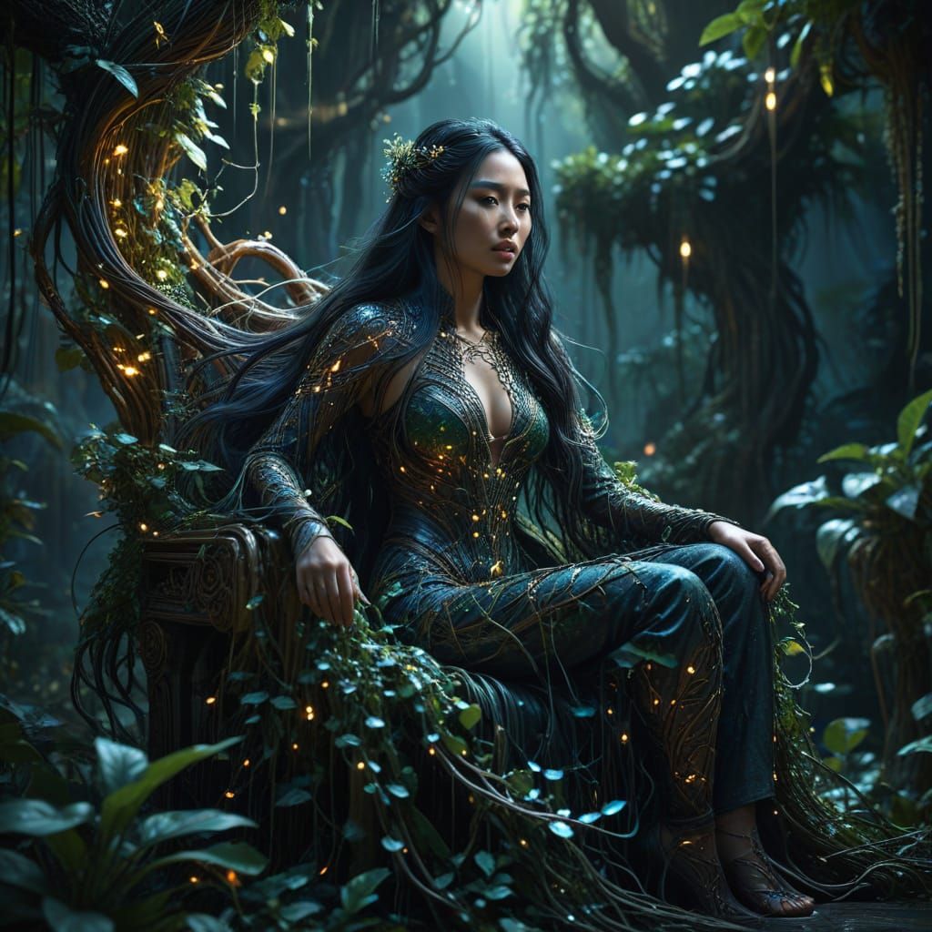 Bioluminescent Jungle Queen on Floral Throne