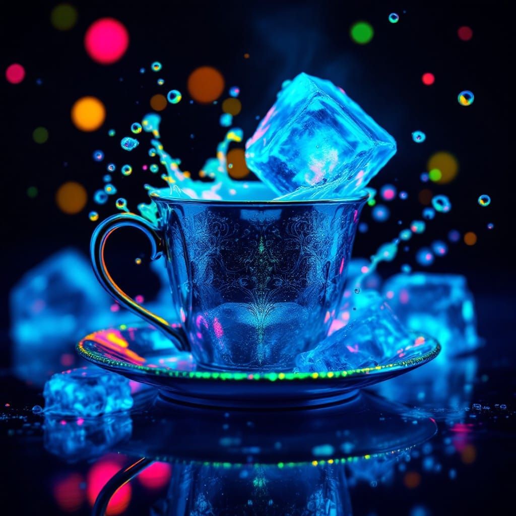 Hyperrealistic Close-Up of Neon-Emitting Ice Cube Crash
