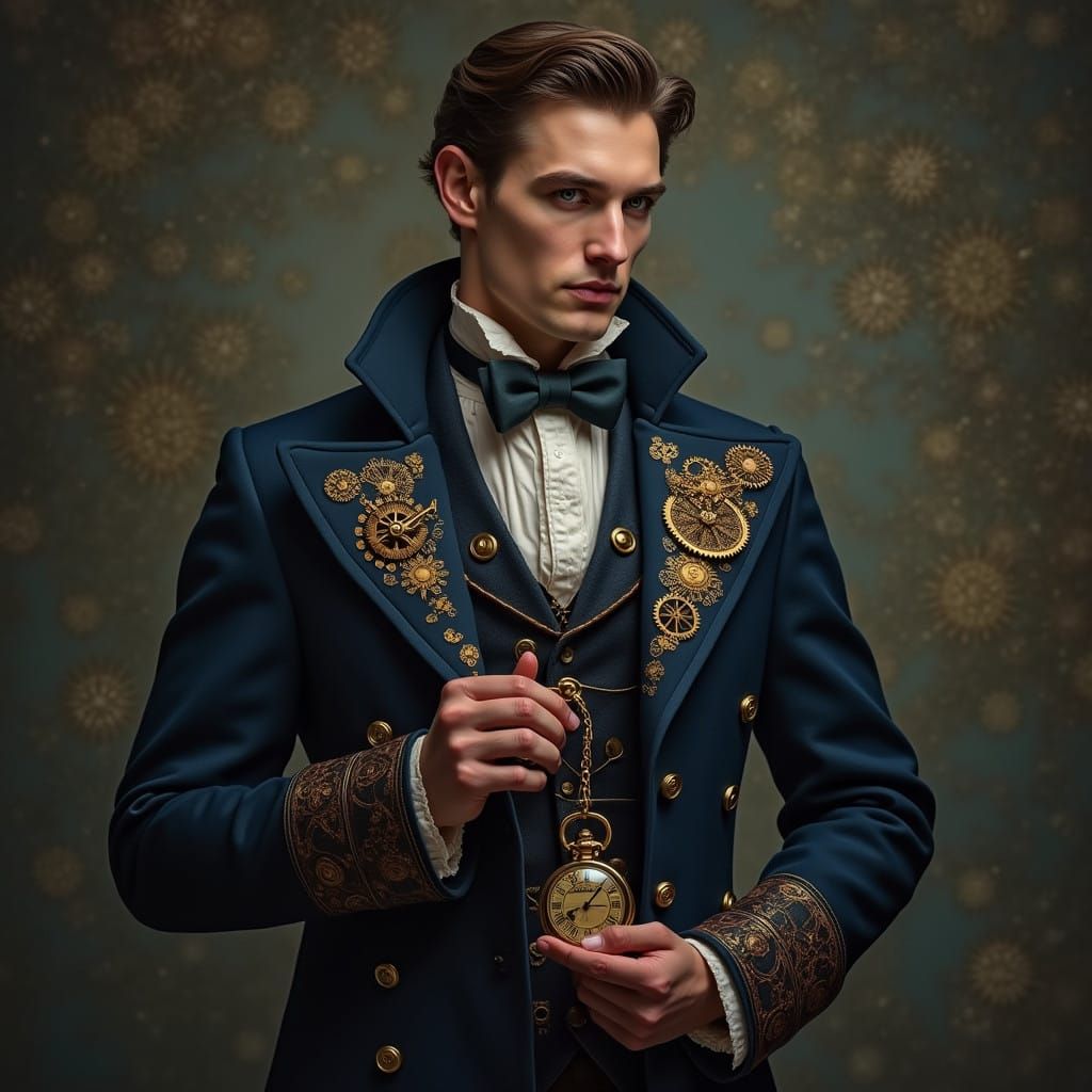 Elegant Victorian Gentleman in Dark Blue Steampunk Coat
