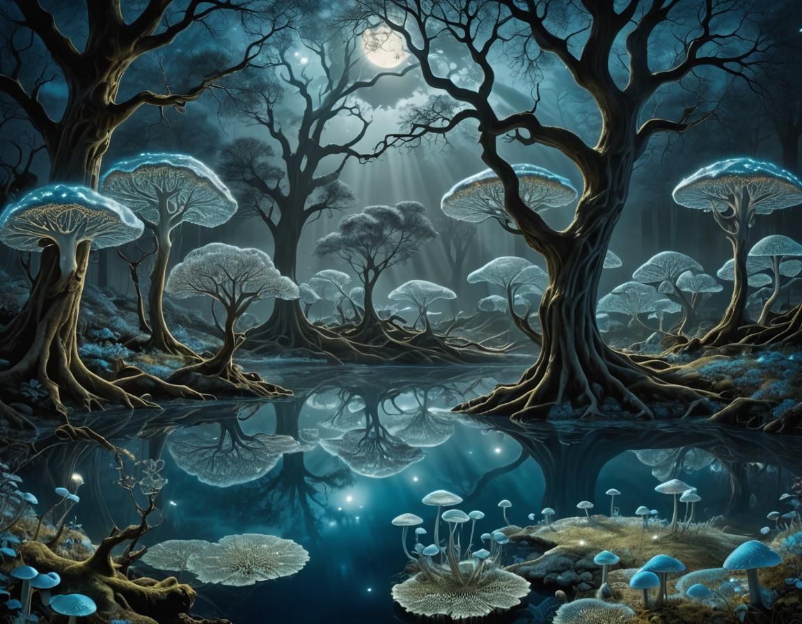 Blue Moonbeams on Lake with Phosphorescent Fungi