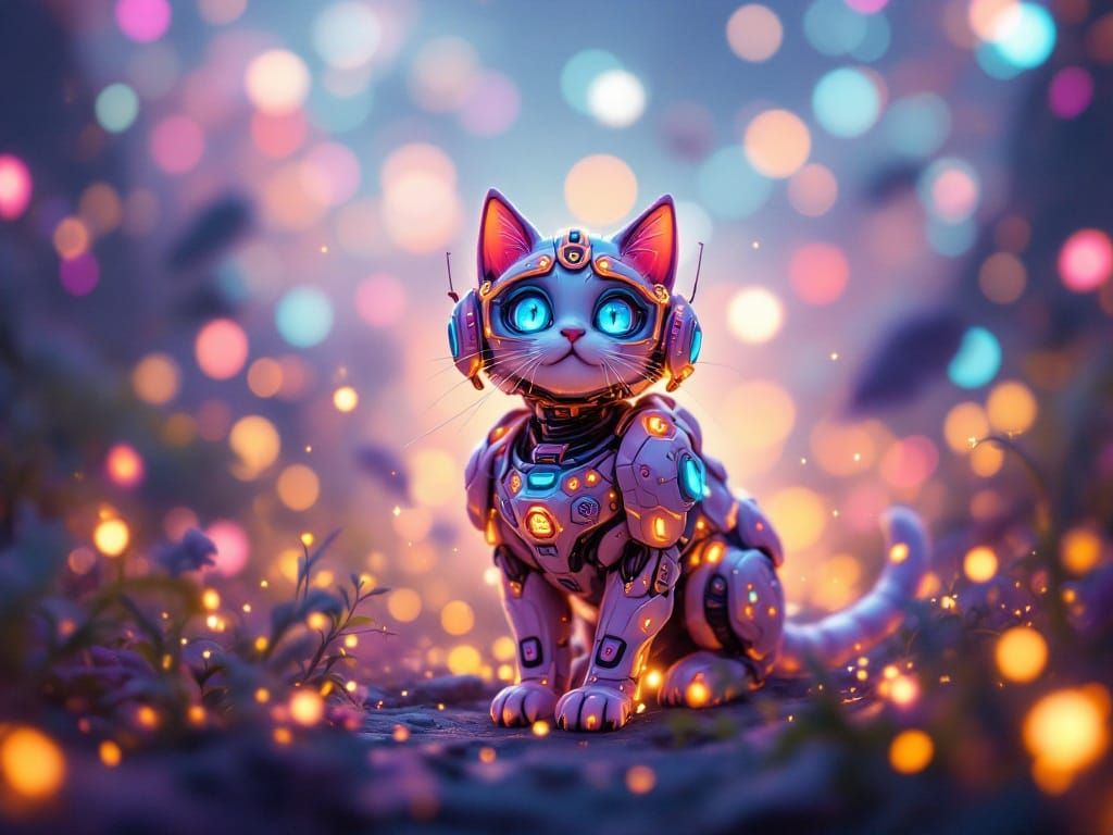 Anime Mecha Cat in a Vibrant Cyberpunk Landscape