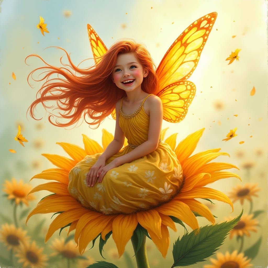 Radiant Pixie on Sunflower in Watercolor Style