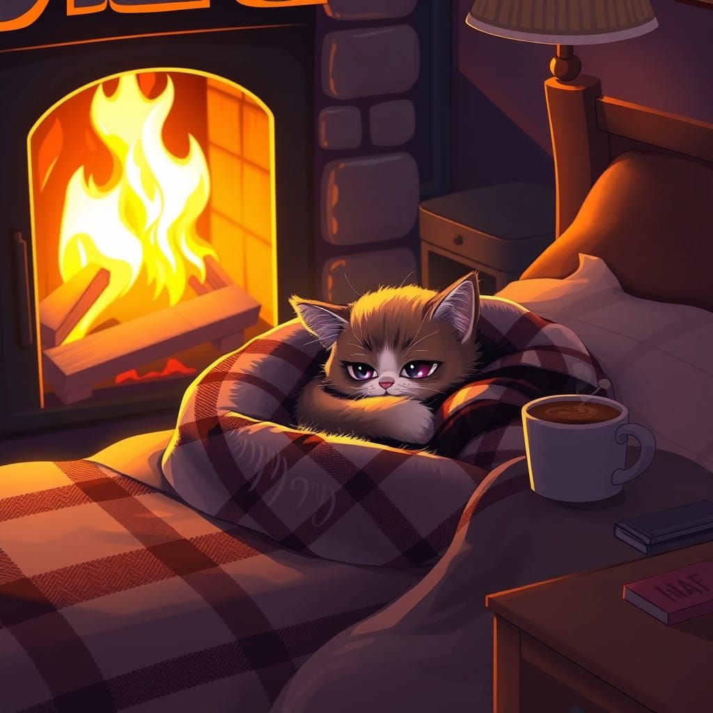 Cozy Girl Cat's Late Night Slumber in a Warm Fireplace Glow