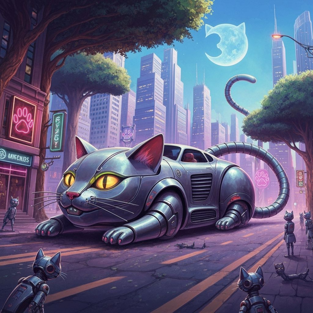 Futuristic Cat Car in Whimsical City