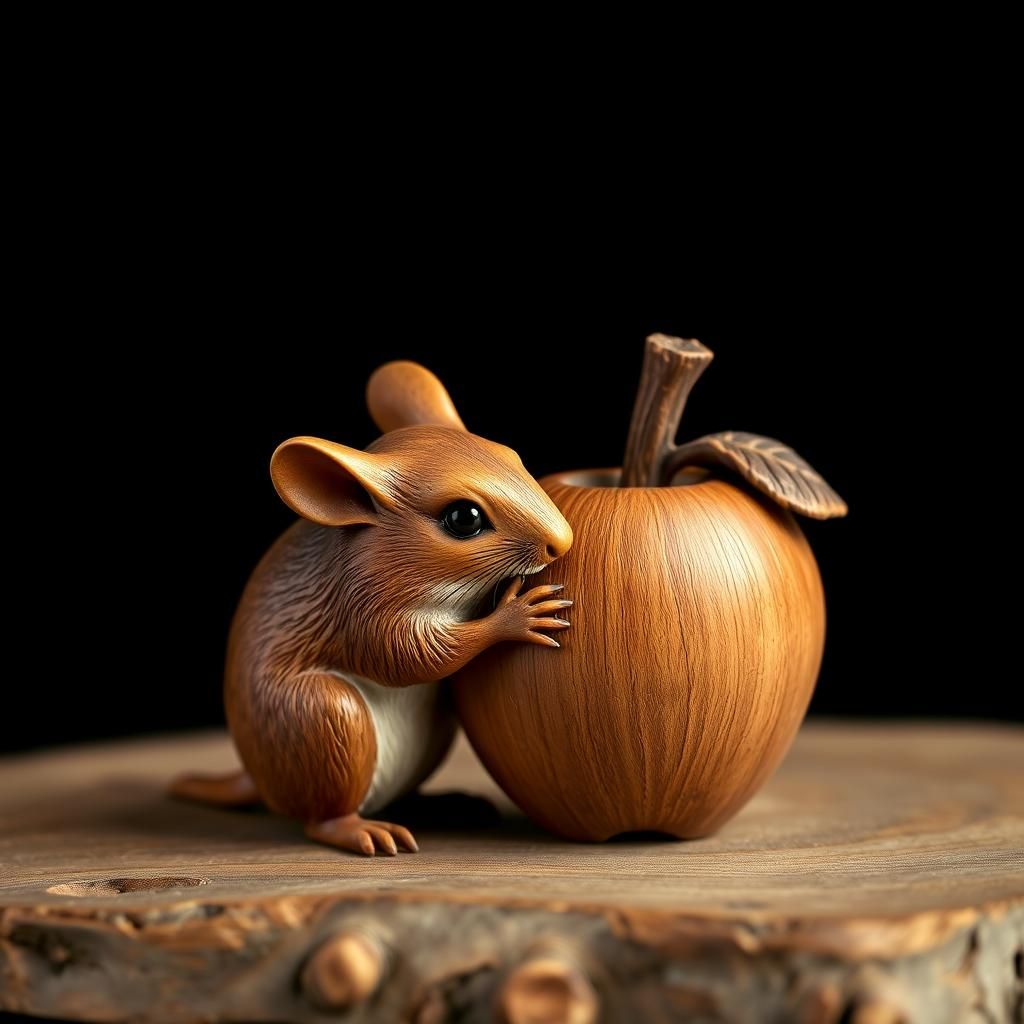 Carved wooden mouse with apple