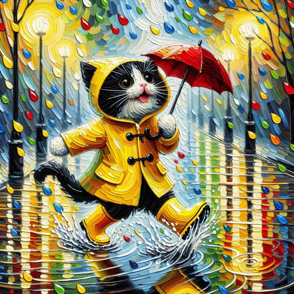 Vibrant Rainy Day Scene with Post-Impressionist Flair