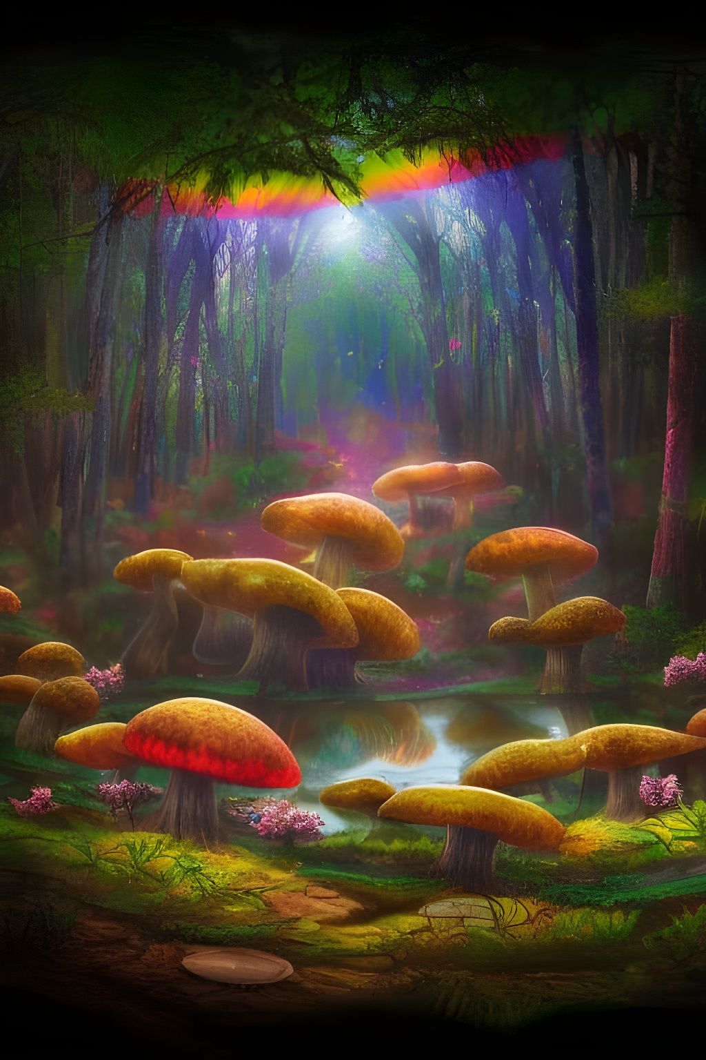 Fantasy Forest with Golden and Rainbow Mushrooms
