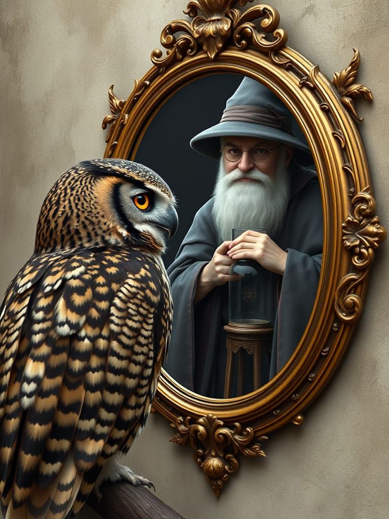Owl's Reflection Shows Benevolent Wizard in Gilt Mirror
