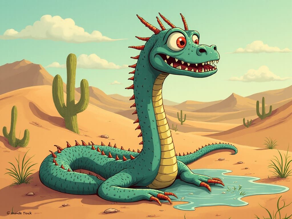 Humorous Hydra Illustration: Dying of Thirst in Desert
