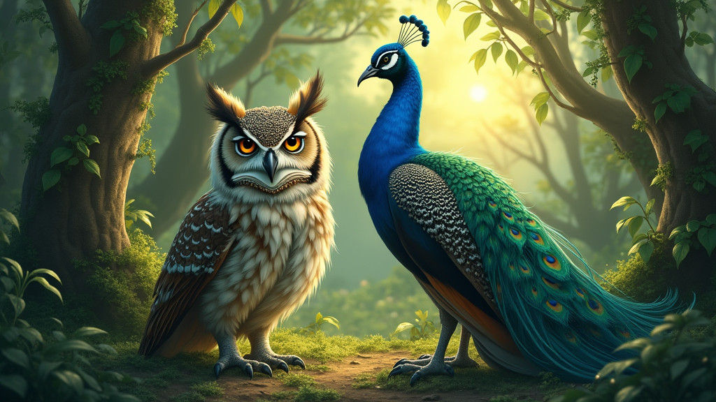 Owl and Peacock in Mystical Forest, Dreamlike Illustration