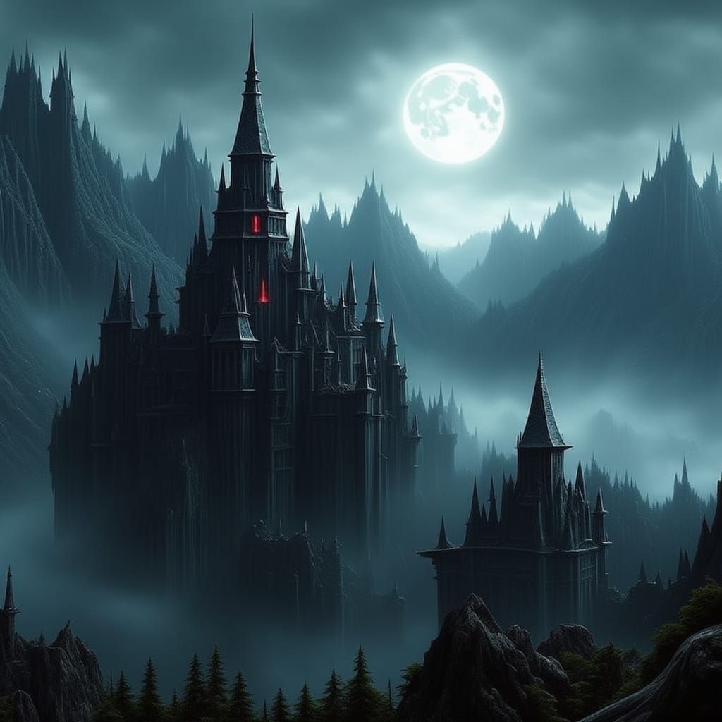 Ethereal Moonlit Castle Amidst Rugged Peaks