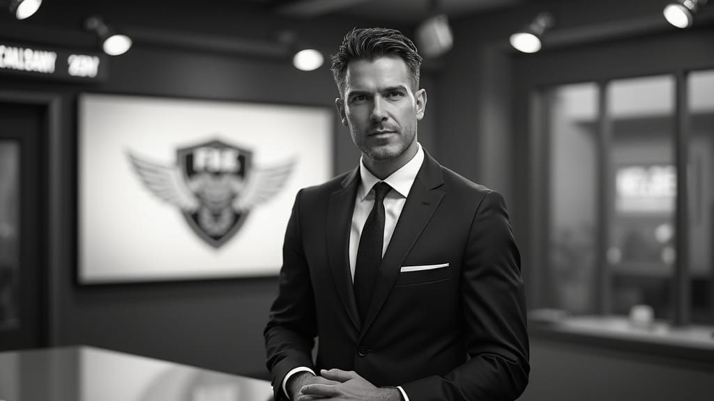 Sports News Anchor in Studio, Matte Painting Style