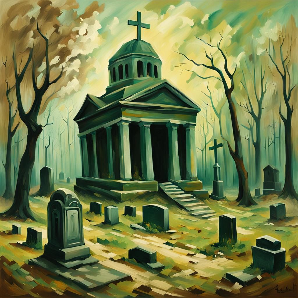 Ancient Graveyard Painting in Impressionistic Style