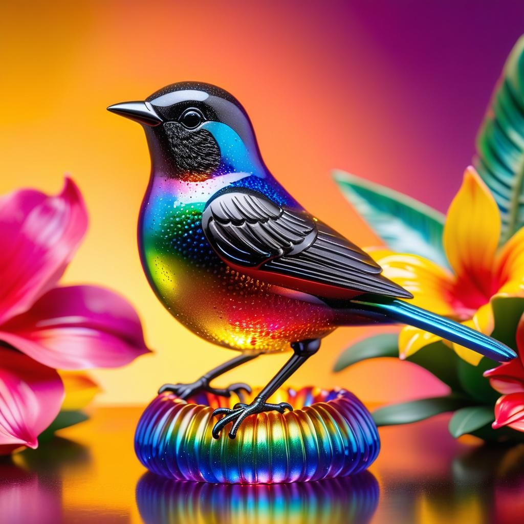 Enameled Glass Songbird Figurine in Splash Art Style