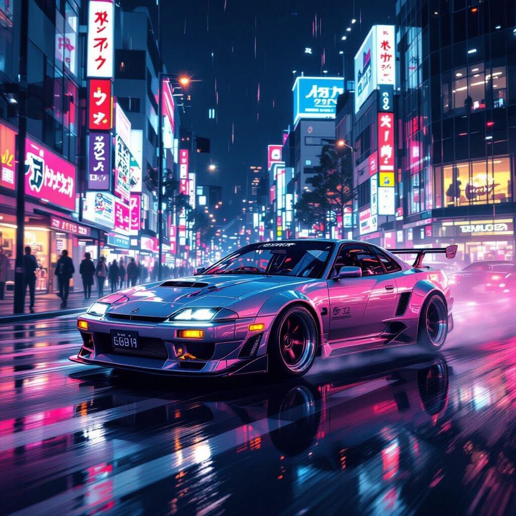 Neon Tokyo Drift Car in Futuristic Style