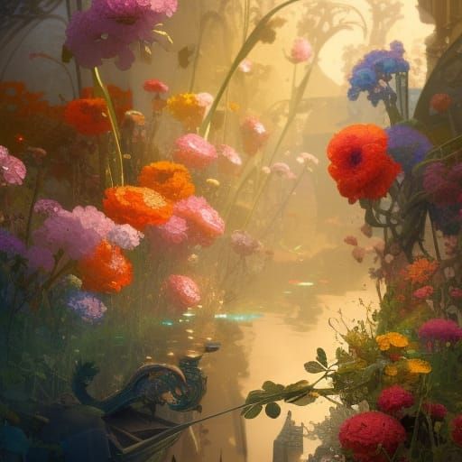 Rainbow Flowers Concept Art in Art Nouveau Style