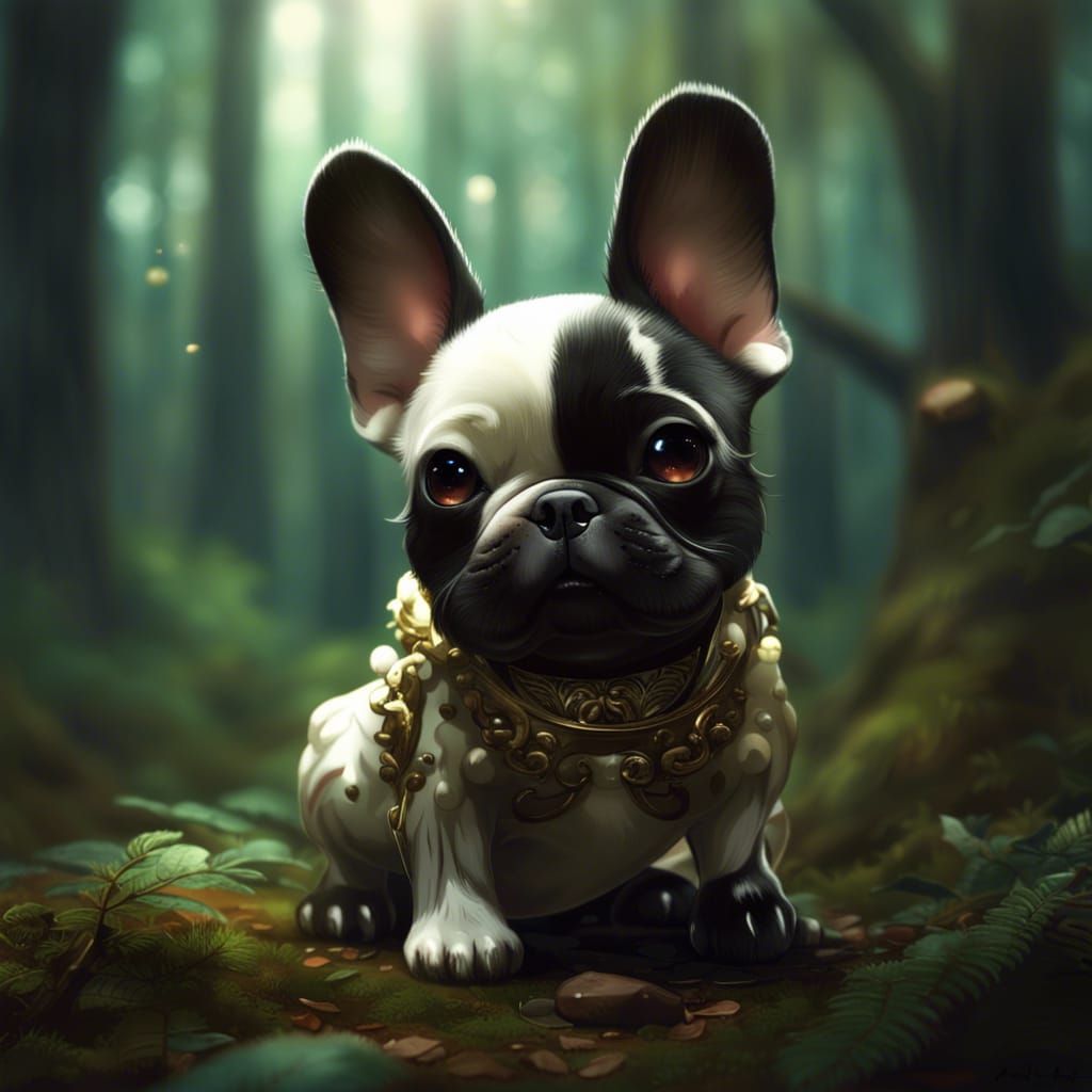 Adorable Furry French Bulldog Puppy in Forest
