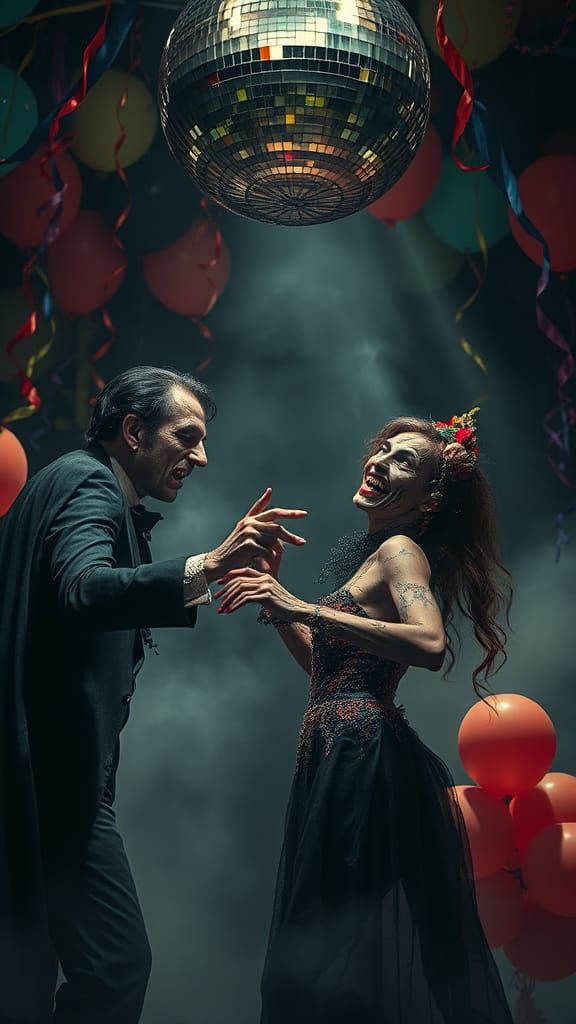 Vampire and Zombie Dance in Hyperdetailed Disco