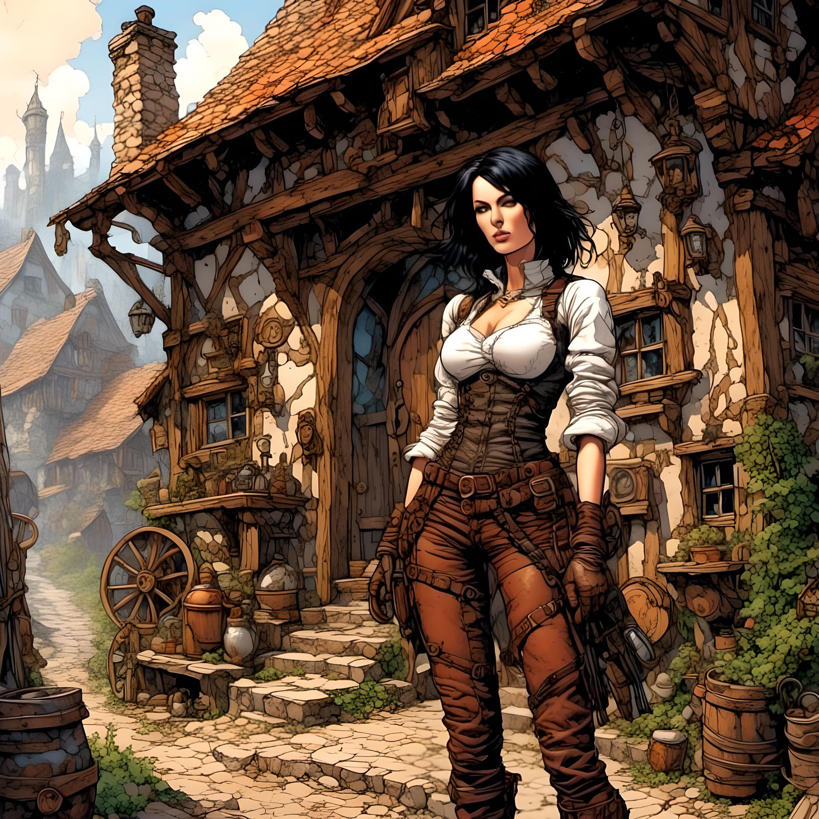 Steampunk Fantasy Female Explorer at Medieval Inn