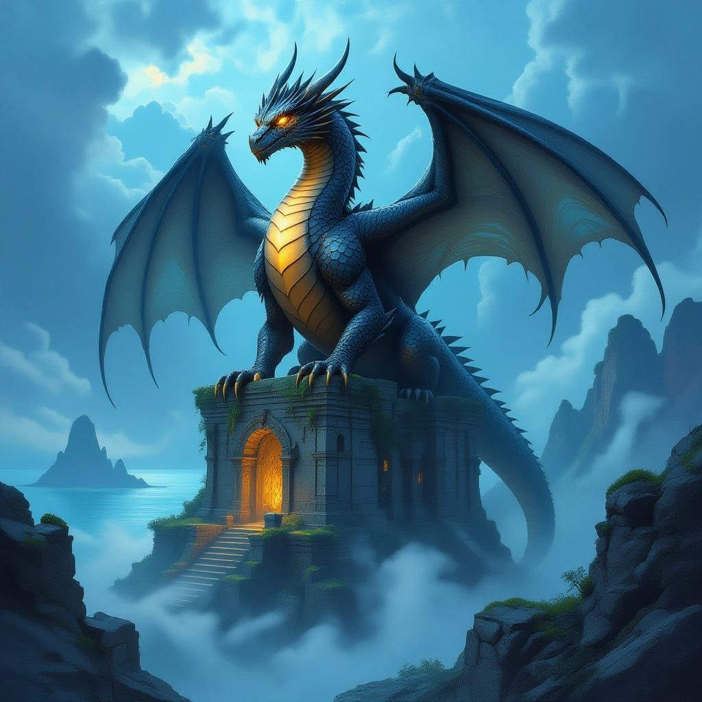 Ancient Dragon on Ruin Above Misty Sea