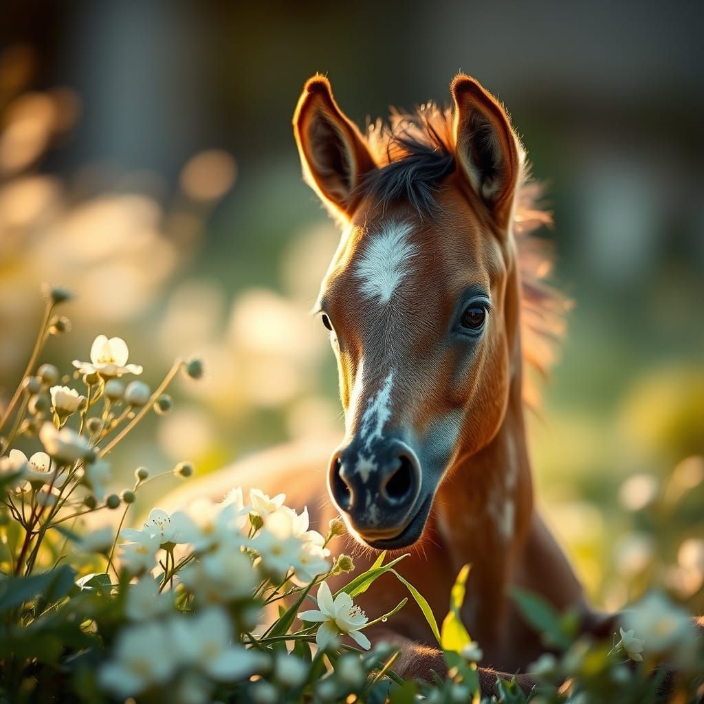 Whimsical Mustang Foal in Spring Garden Oasis
