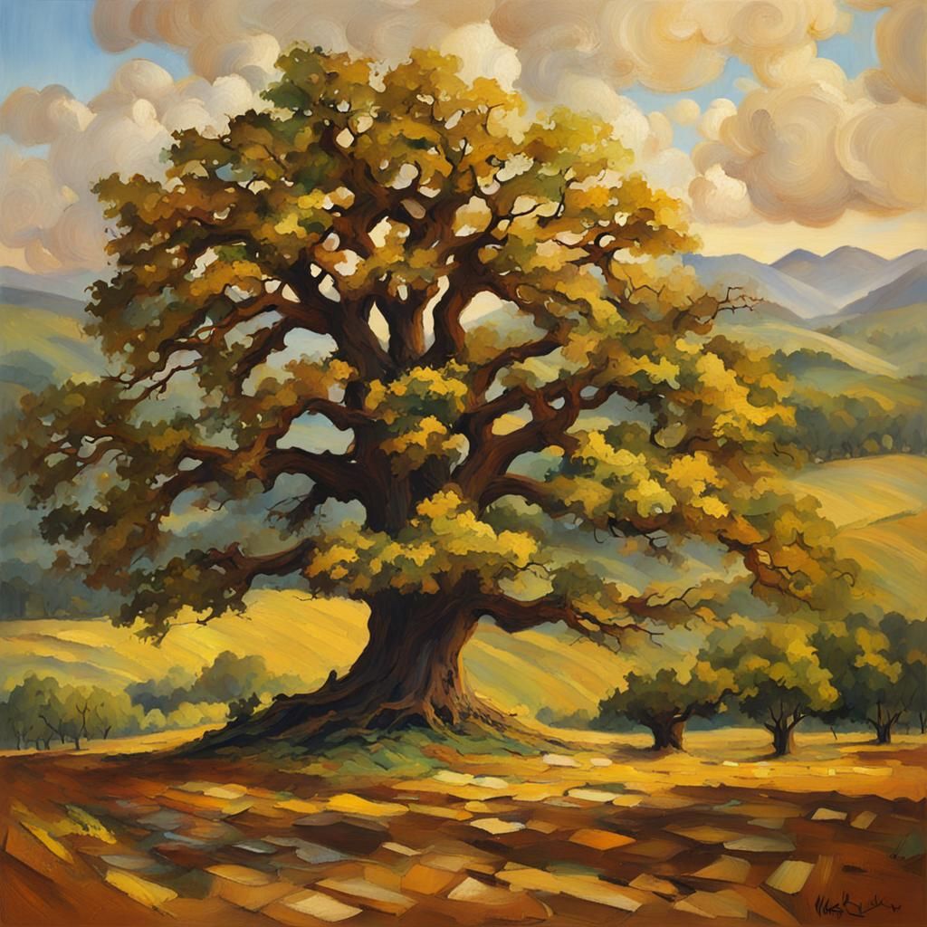 Majestic Oak King in Valley Oil Painting