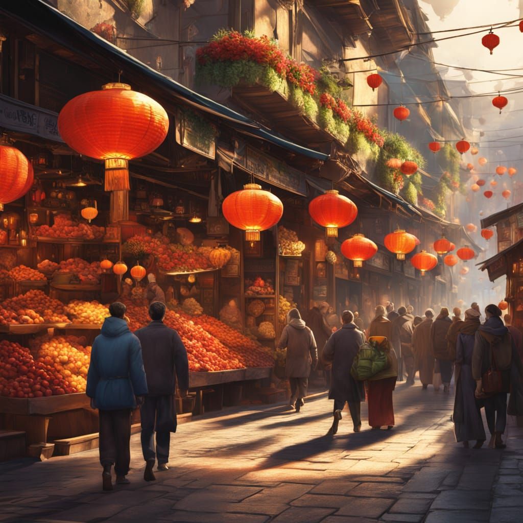 Vibrant Market Scene Under Glowing Lanterns