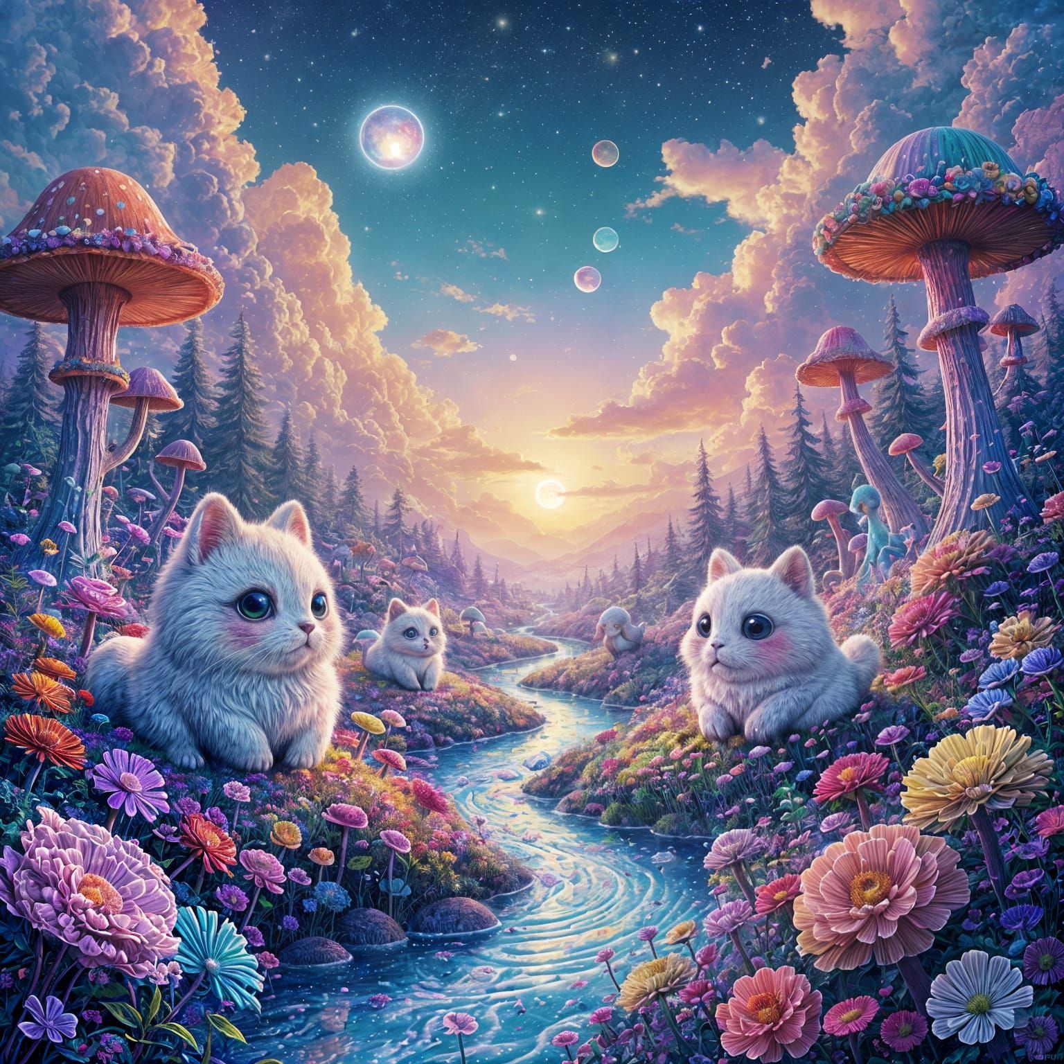 Psychedelic Landscape with Whimsical Creatures