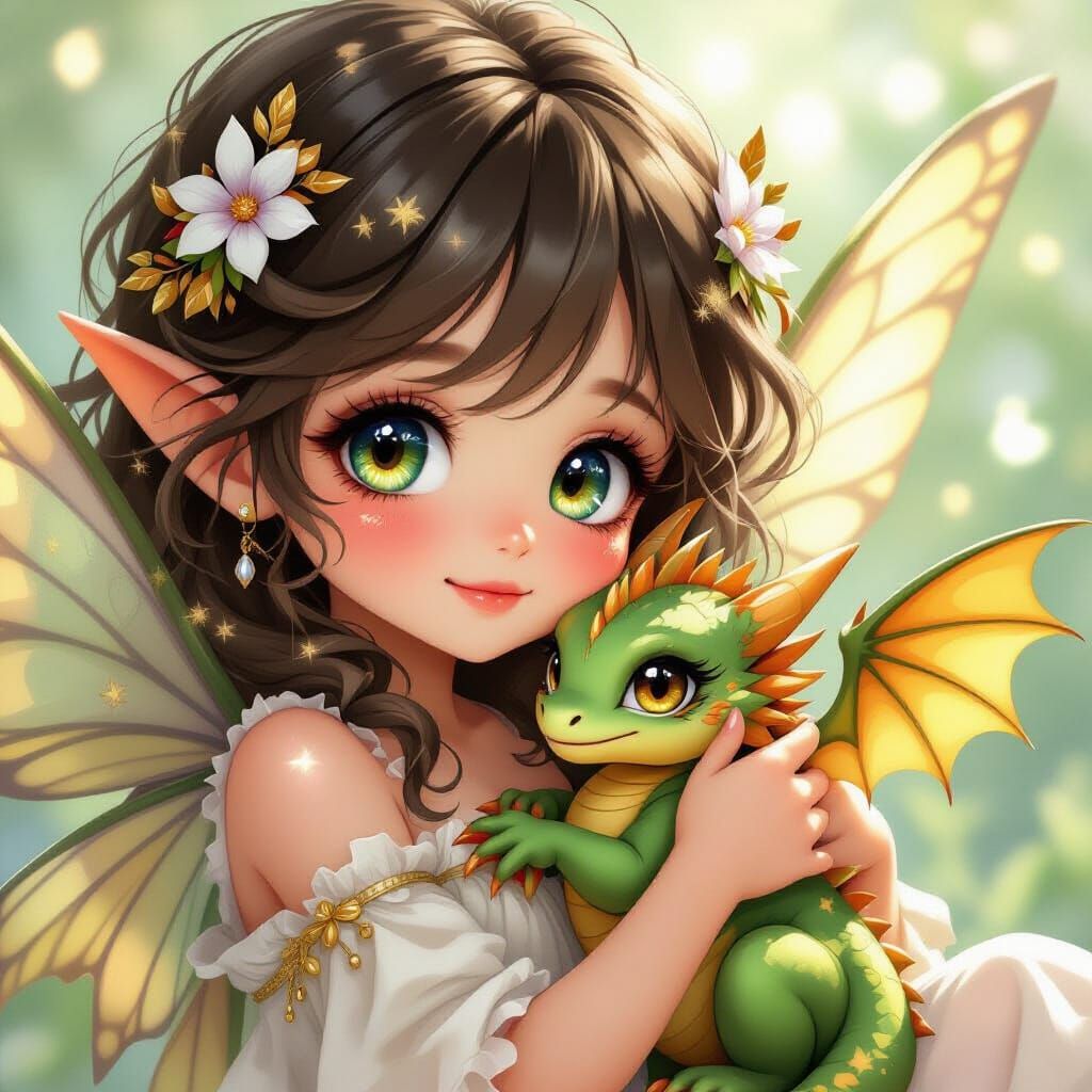 Cute Anime Fairy Girl Cuddles Baby Dragon in Ethereal Impast...