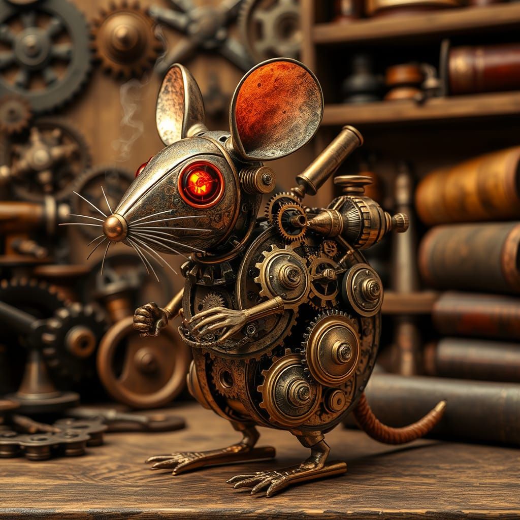 Steampunk Automaton Mouse in Victorian Workshop