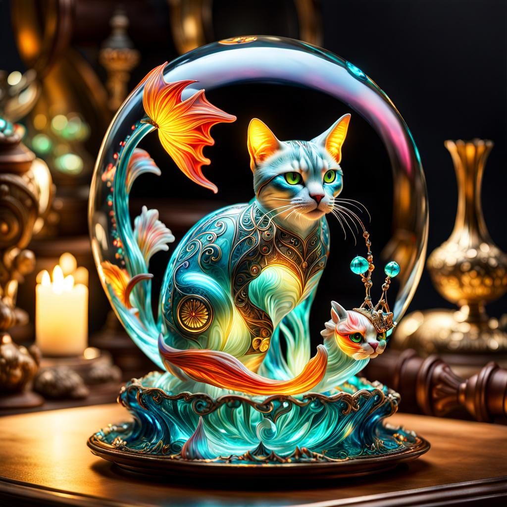 Illuminated Glass Cat Catches Fish: Fantasycore Art