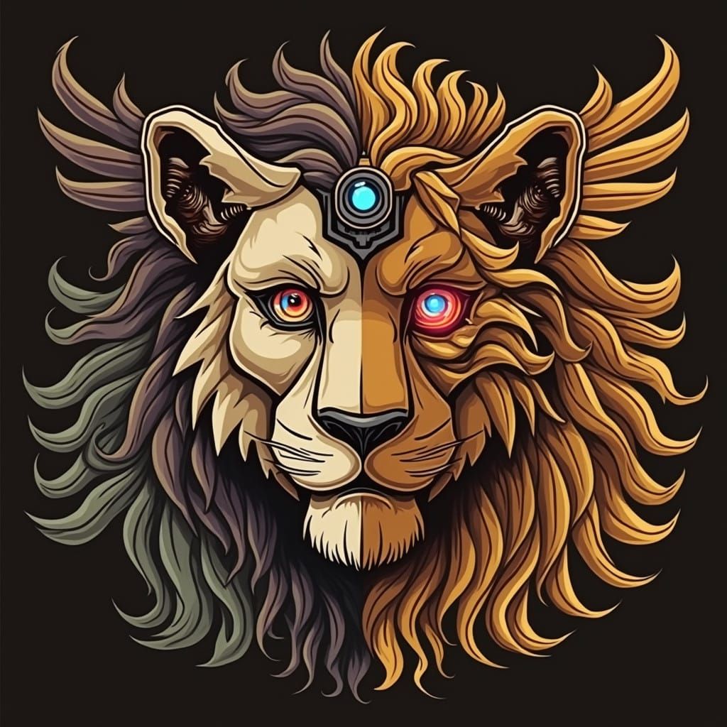 Stylized Lion-Robot Hybrid Face in Vector Art