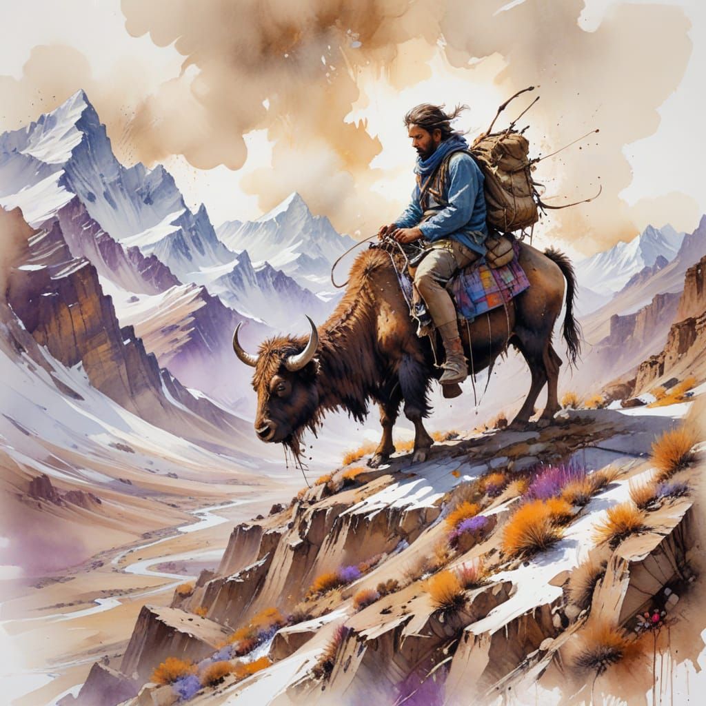 High-Altitude Desert Landscape in Ethereal Watercolour Style