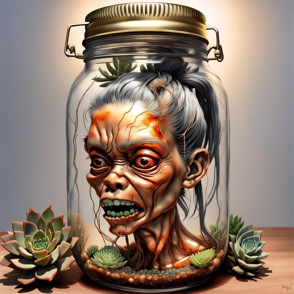 Shrunken Head with Succulents in Art Deco Style