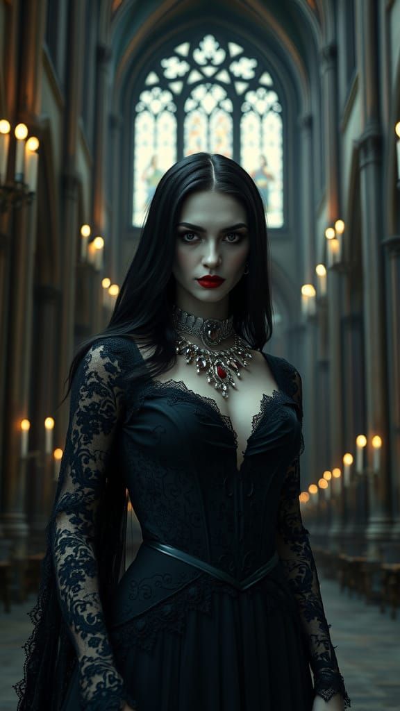 Gothic Vampire Queen in Dark Cathedral