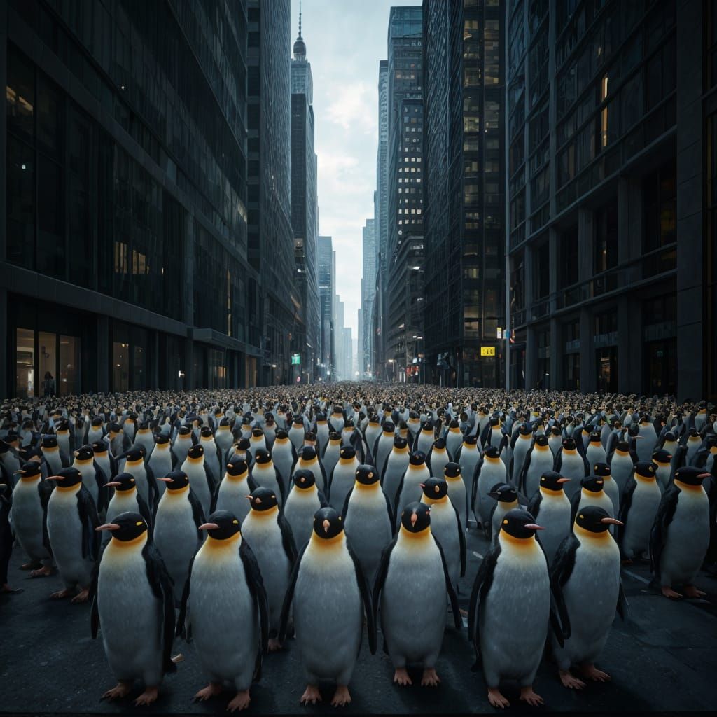 Angry Penguins Marching on City Street in Sci-Fi Style