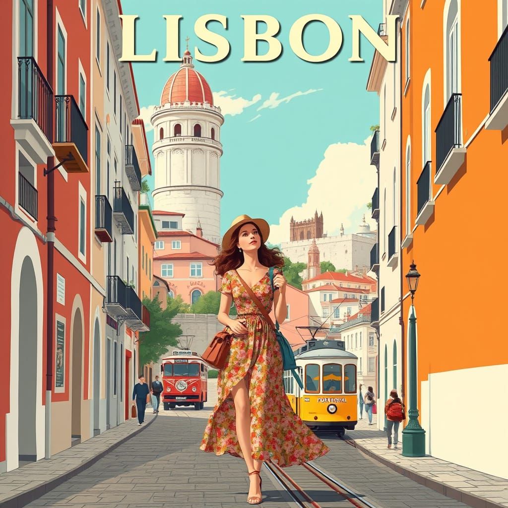 Lisbon Travel Poster in Vintage Illustration Style