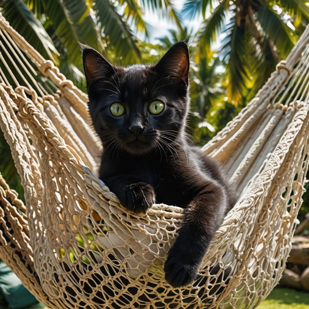 Cute Kitten Relaxing in Hammock with Coconut