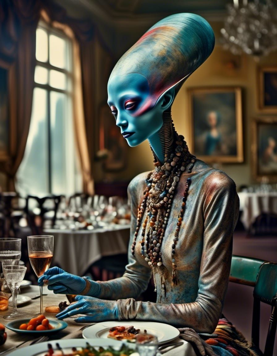 Abstract Alien at Table in Polychromatic Painting