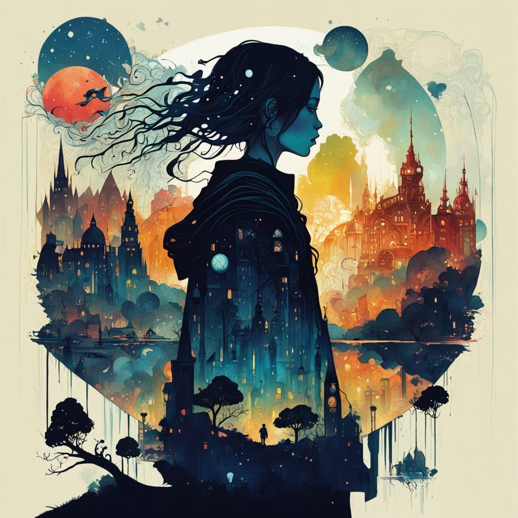 Surreal Cityscape Dreamscape with Princess in Neon Hues