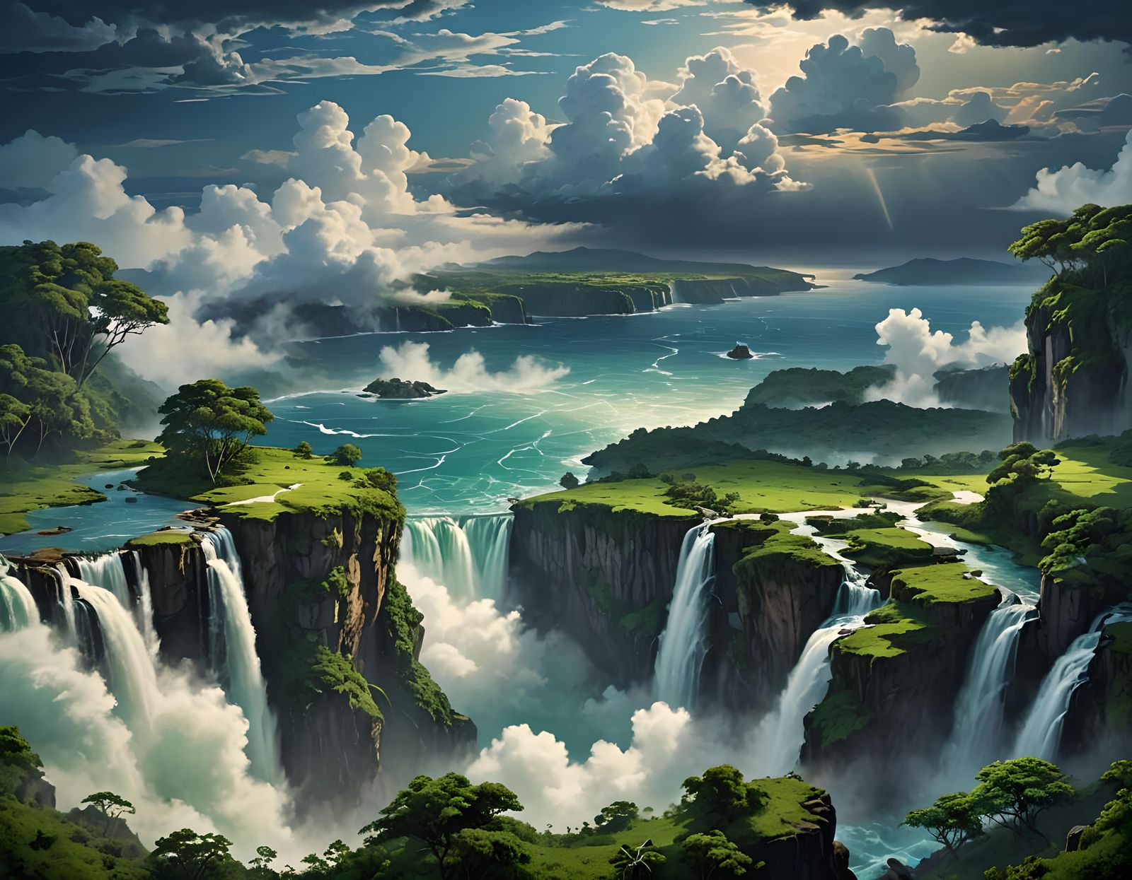 Night View of Ocean and Waterfalls from High Ground