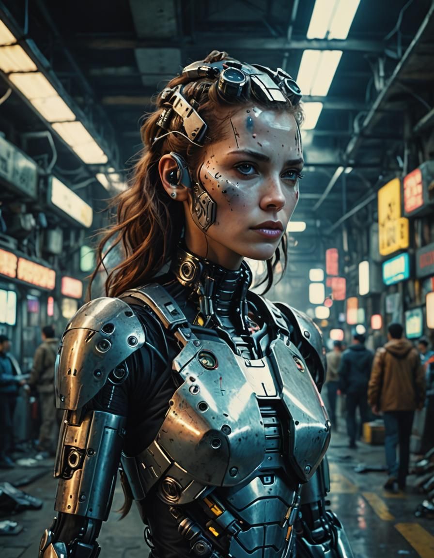Biopunk Cyborg Woman in Dystopian World