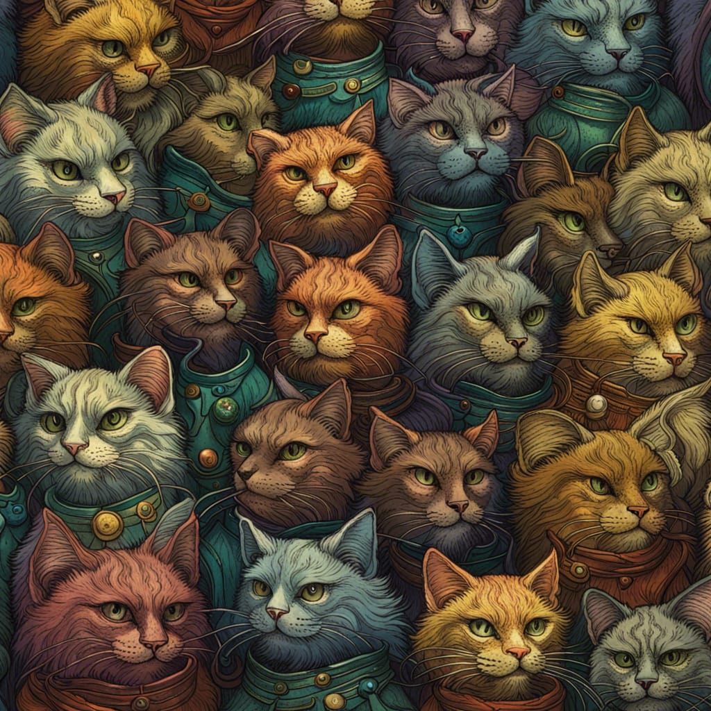 Steampunk Wildcats Repeating Pattern in Doré Style