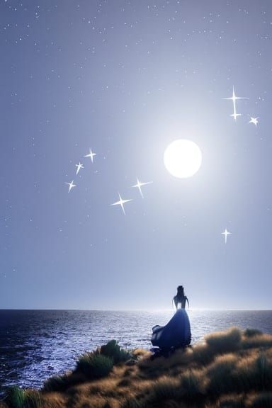Lone Witch Silhouette Under Indigo Starry Sky