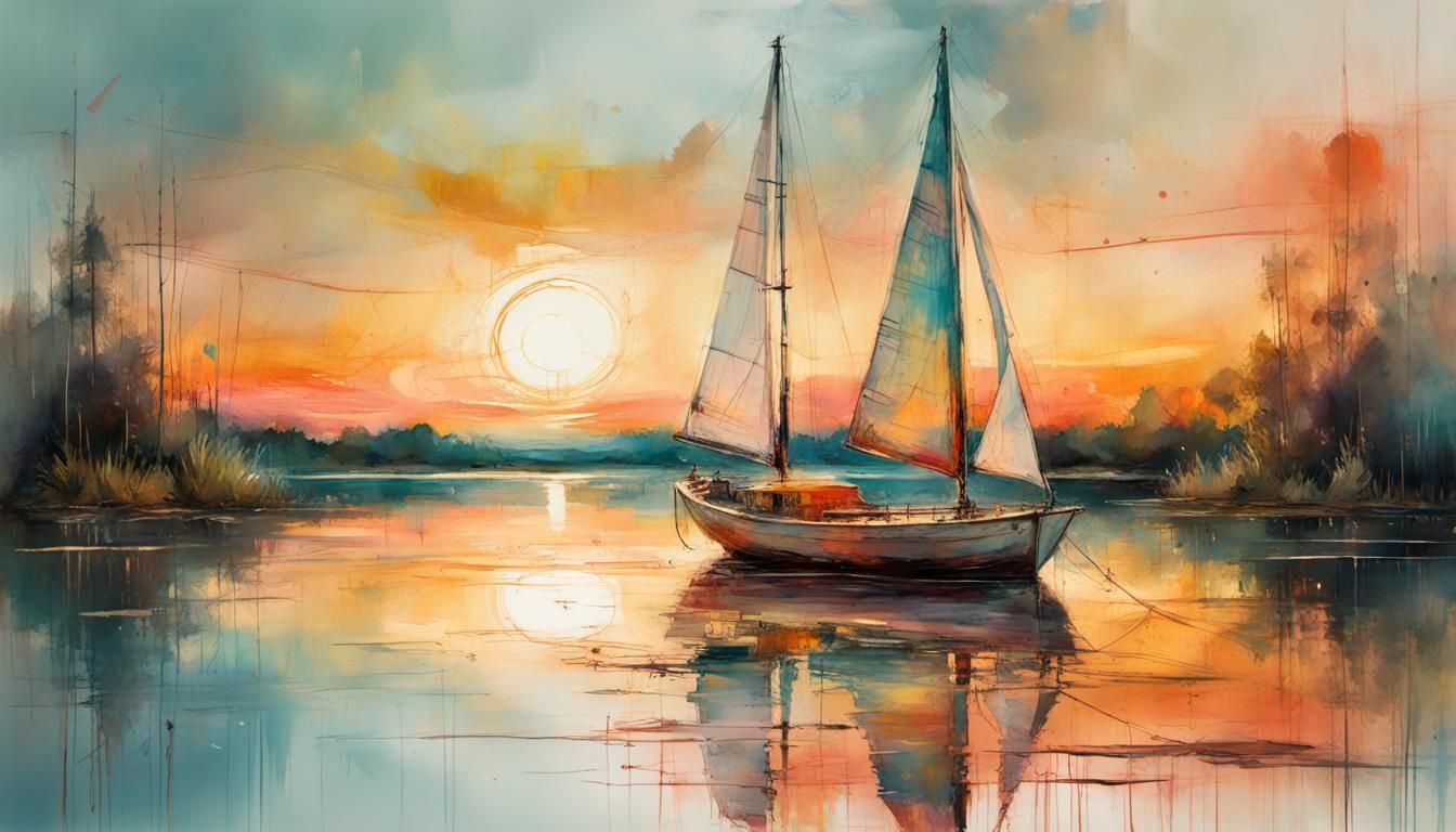 Sailboat on Lake at Sunset in Impressionistic Style