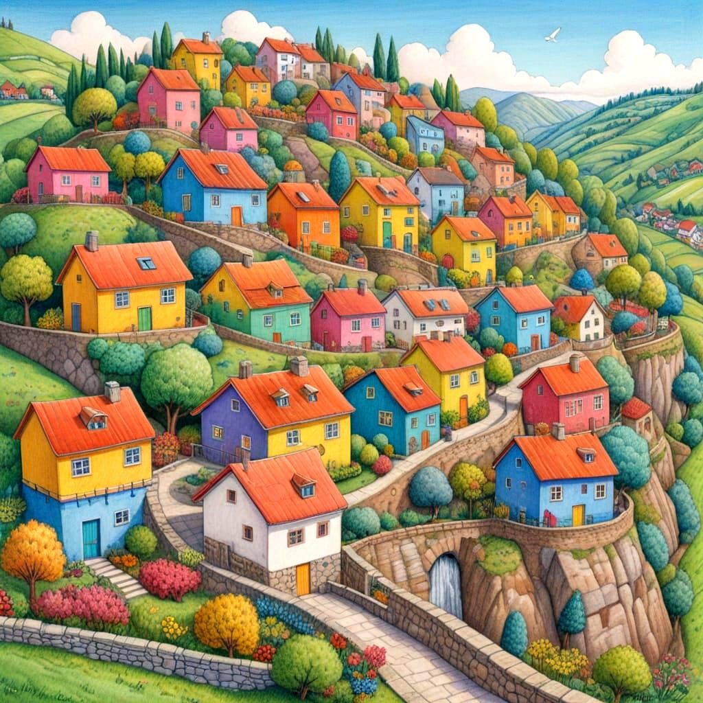 Colorful Terraced Village in Childish Drawing Style