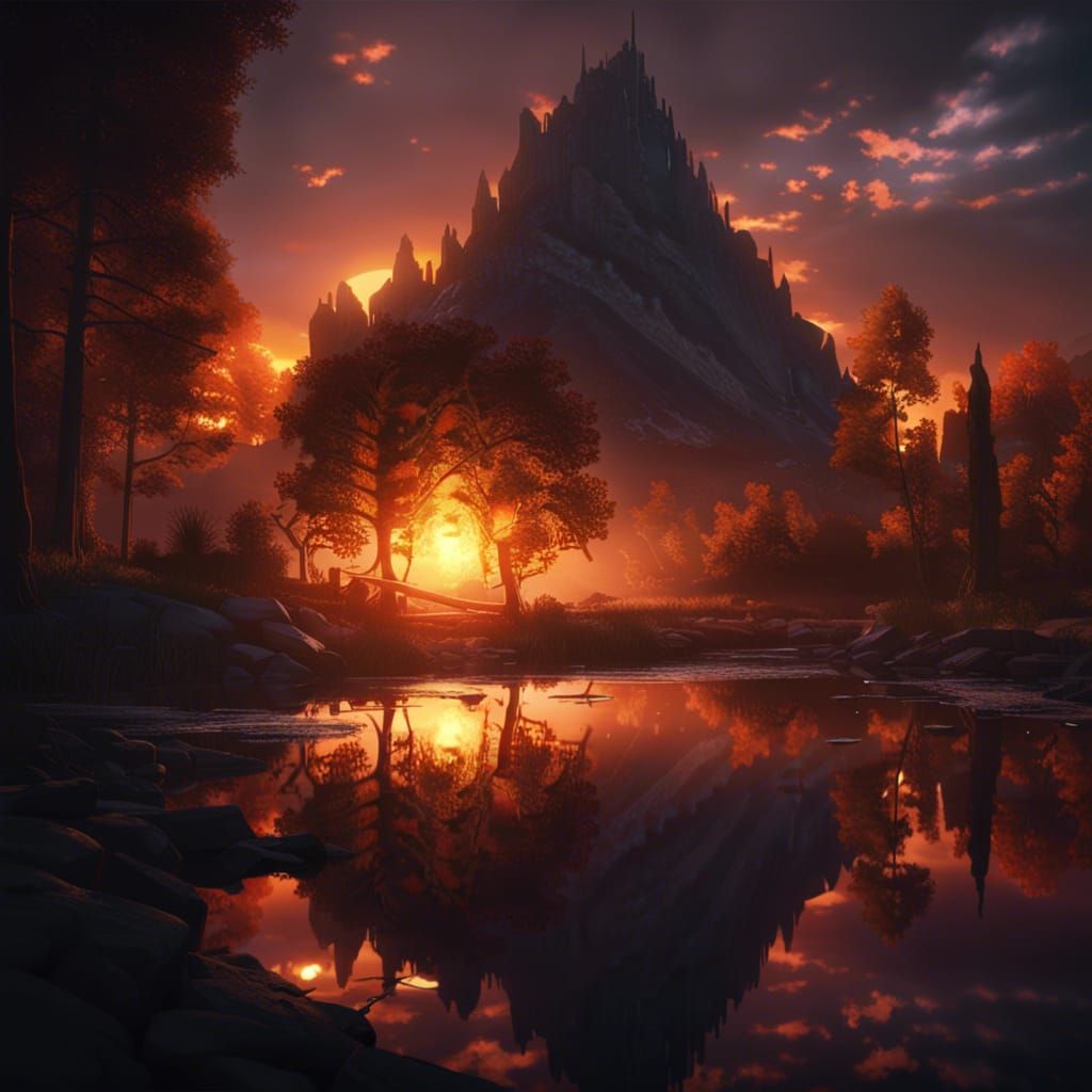 Sunrise Lake Reflection in Dark Fantasy Style