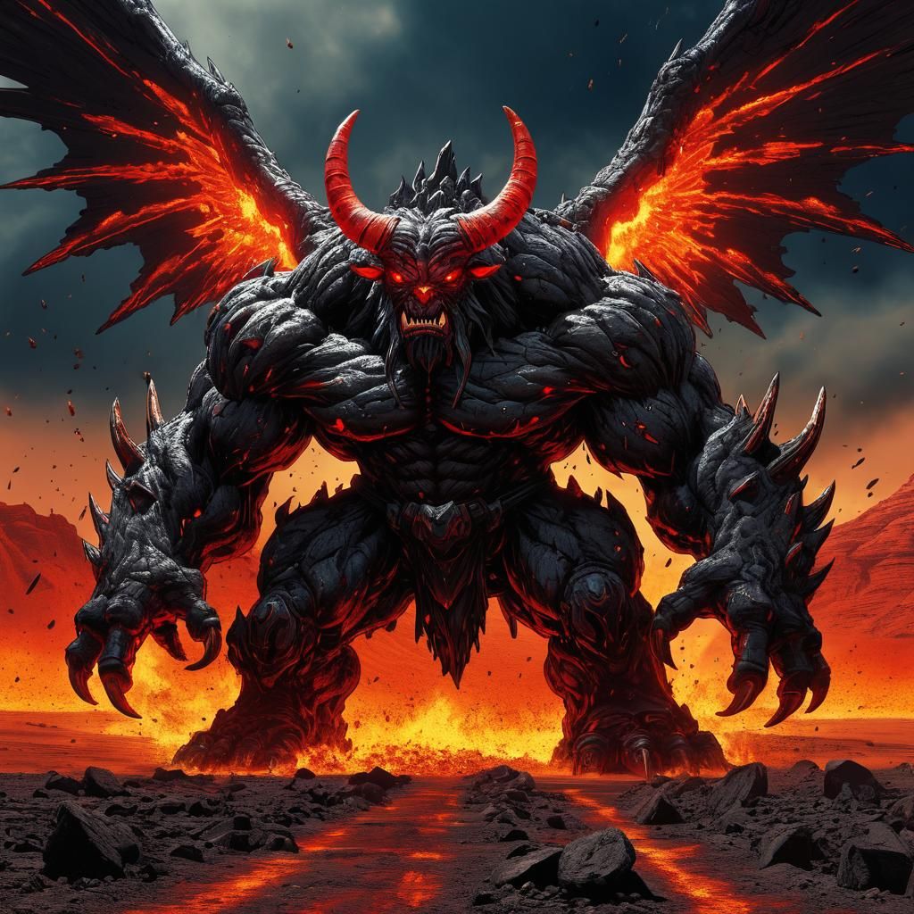 Fiery Anime Behemoth in Blazing Desert Landscape