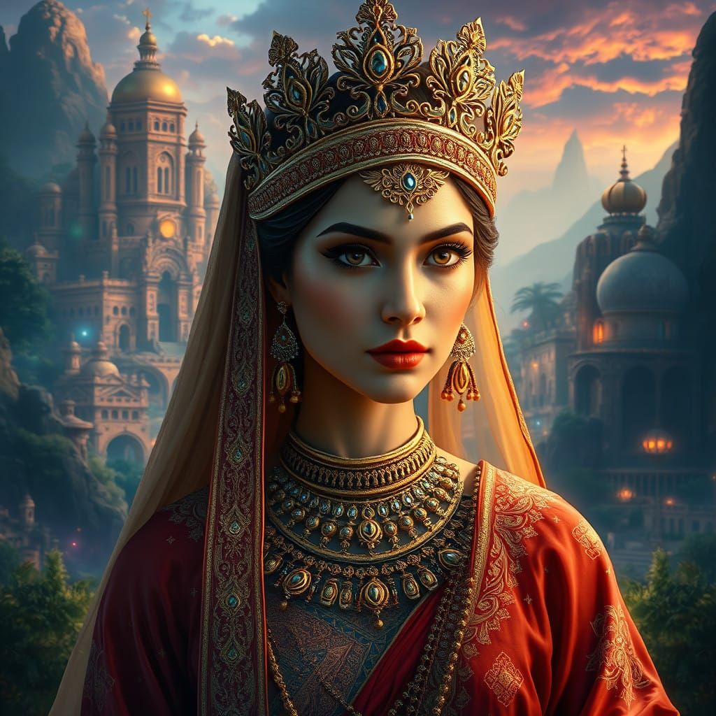 Majestic Arabian Queen in Ancient Cityscape