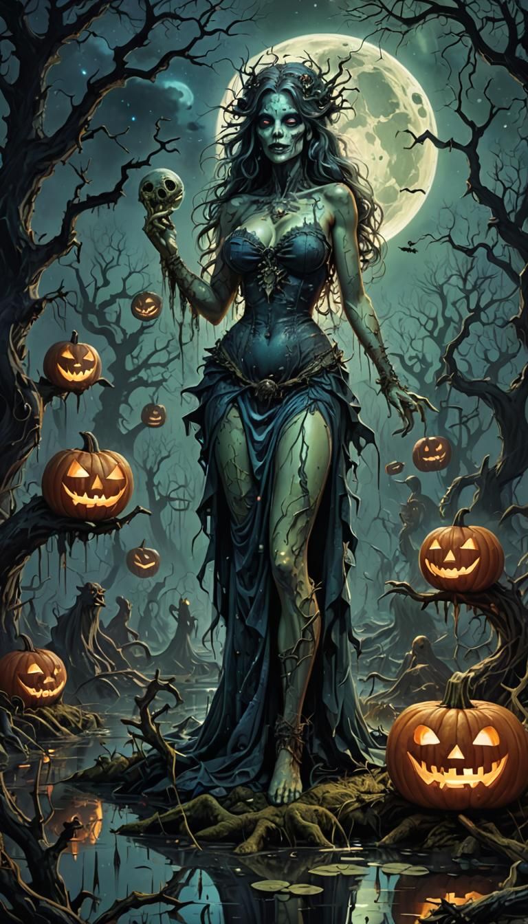 Swamp Horror Halloween Pinup in Mixed Media Style